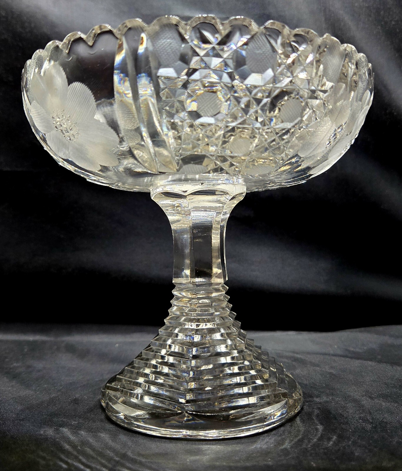 ABP American Brilliant Cut Glass 5.5″H Compote Dish Harvard Pattern Vintage