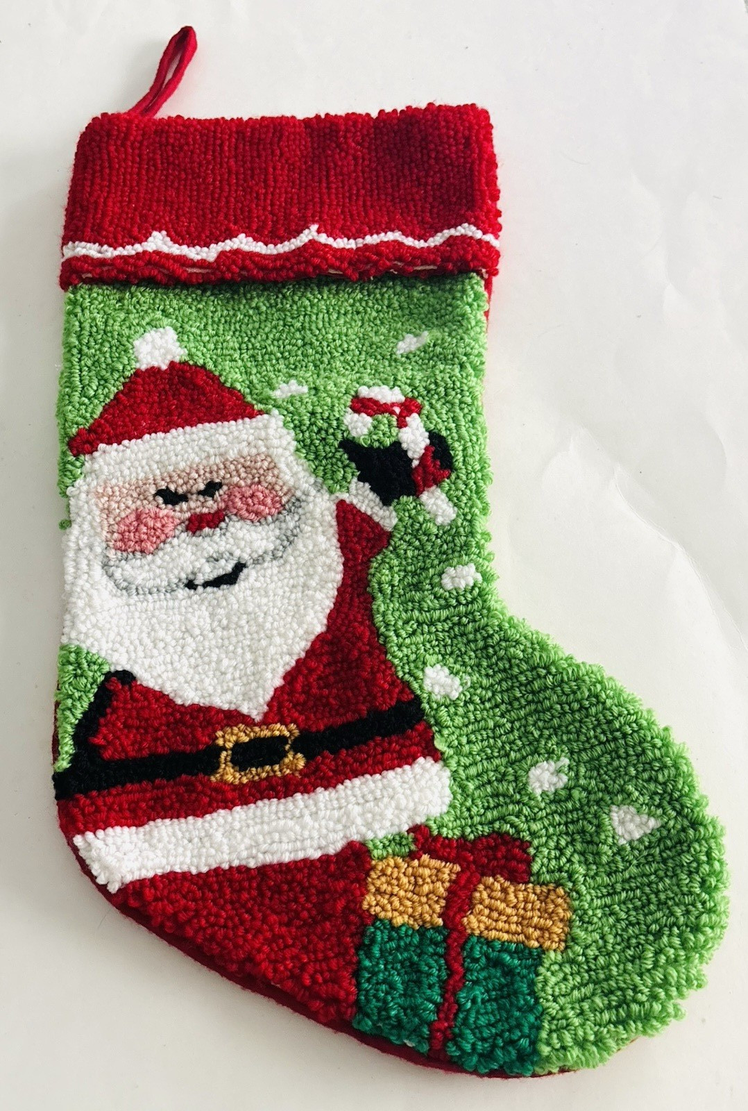 Santa With Presents Green Christmas Stocking Latch Hook Loop Embroidery 17.5″