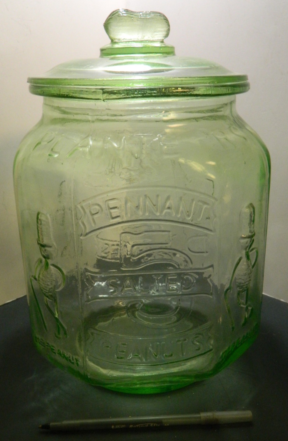 Antique Planter’s Peanuts 5¢ Embossed Octagonal Store Green Glass Jar 12.25″ VG