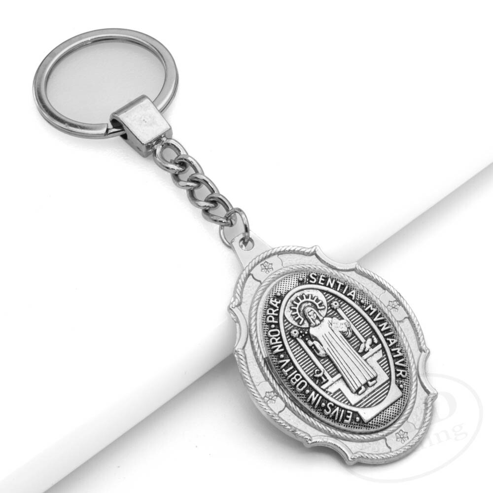 St Benedict Medal Keychain Large Silver Pendant Zinc Alloy Religious Key Ring