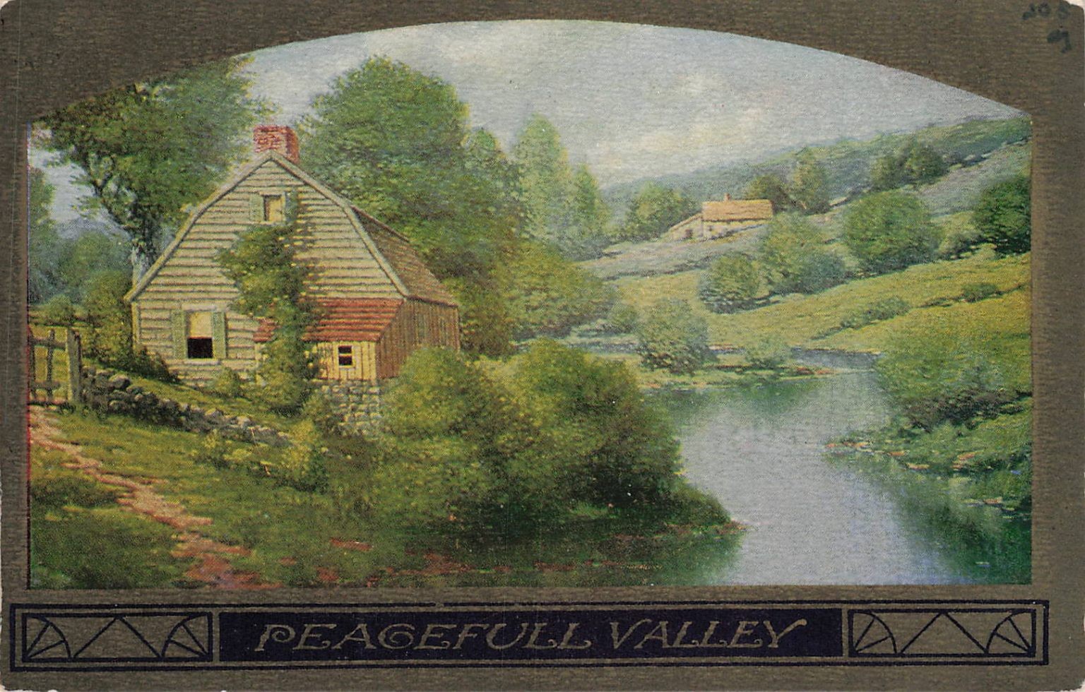 Vintage PEACEFULL VALLEY Postcard Rural Landscape Farmhouse Stream 1900s