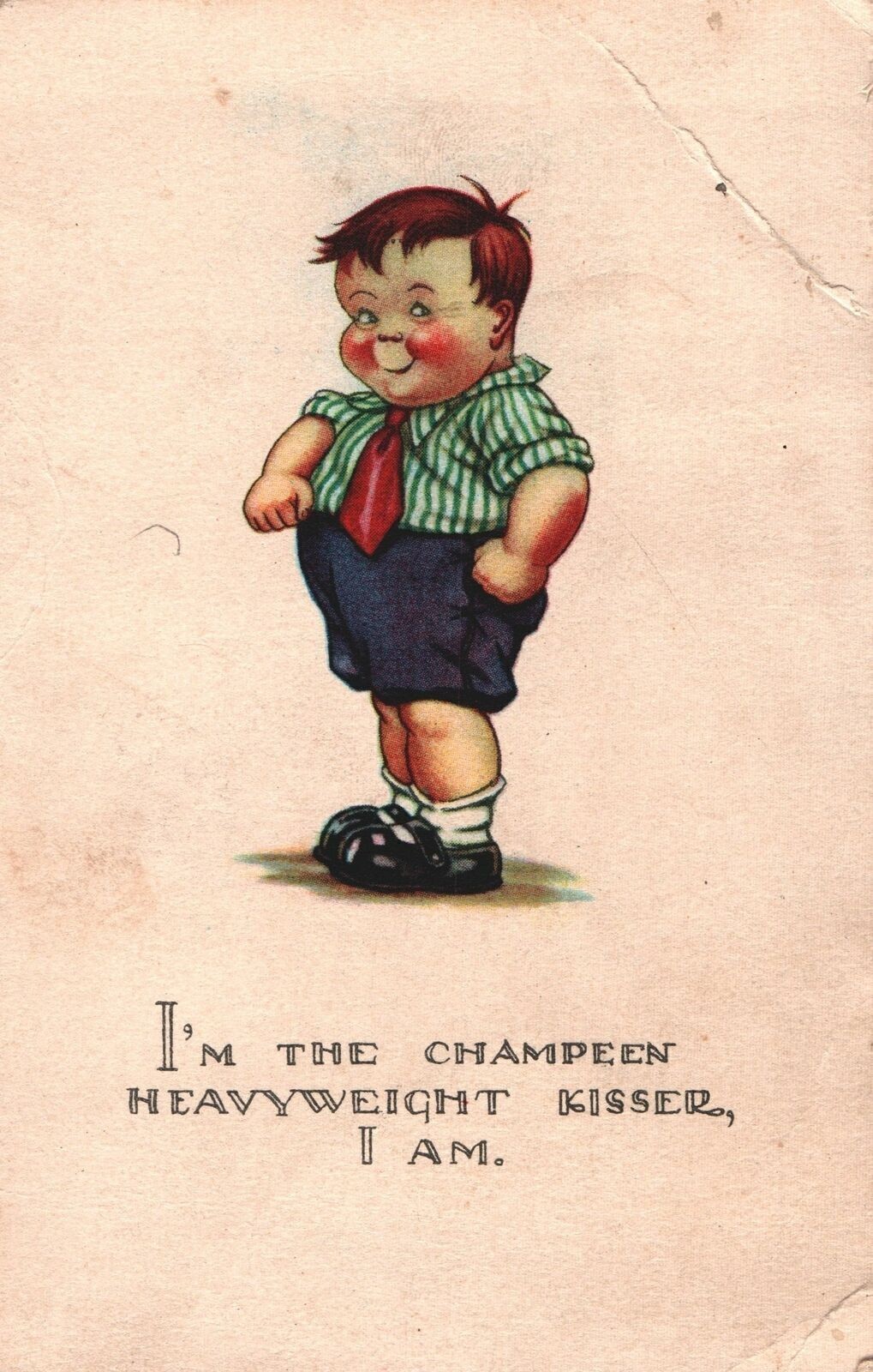 VINTAGE POSTCARD EARLY HUMOR BOY CHAMPION HEAVYWEIGHT KISSER FAULTY CORNER(S)