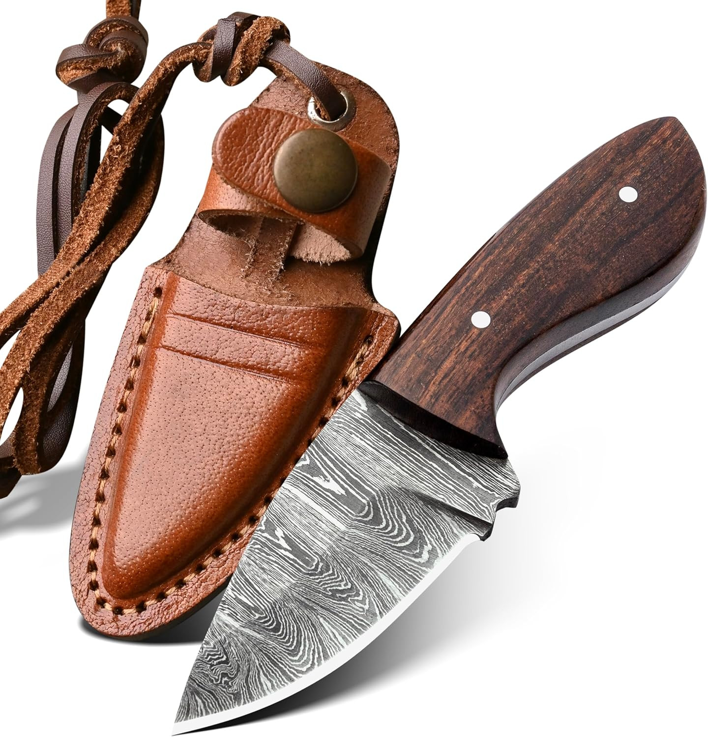 4.5″ Damascus Small Neck Knife with Sheath-Full Tang Knife Necklace for Men Smal