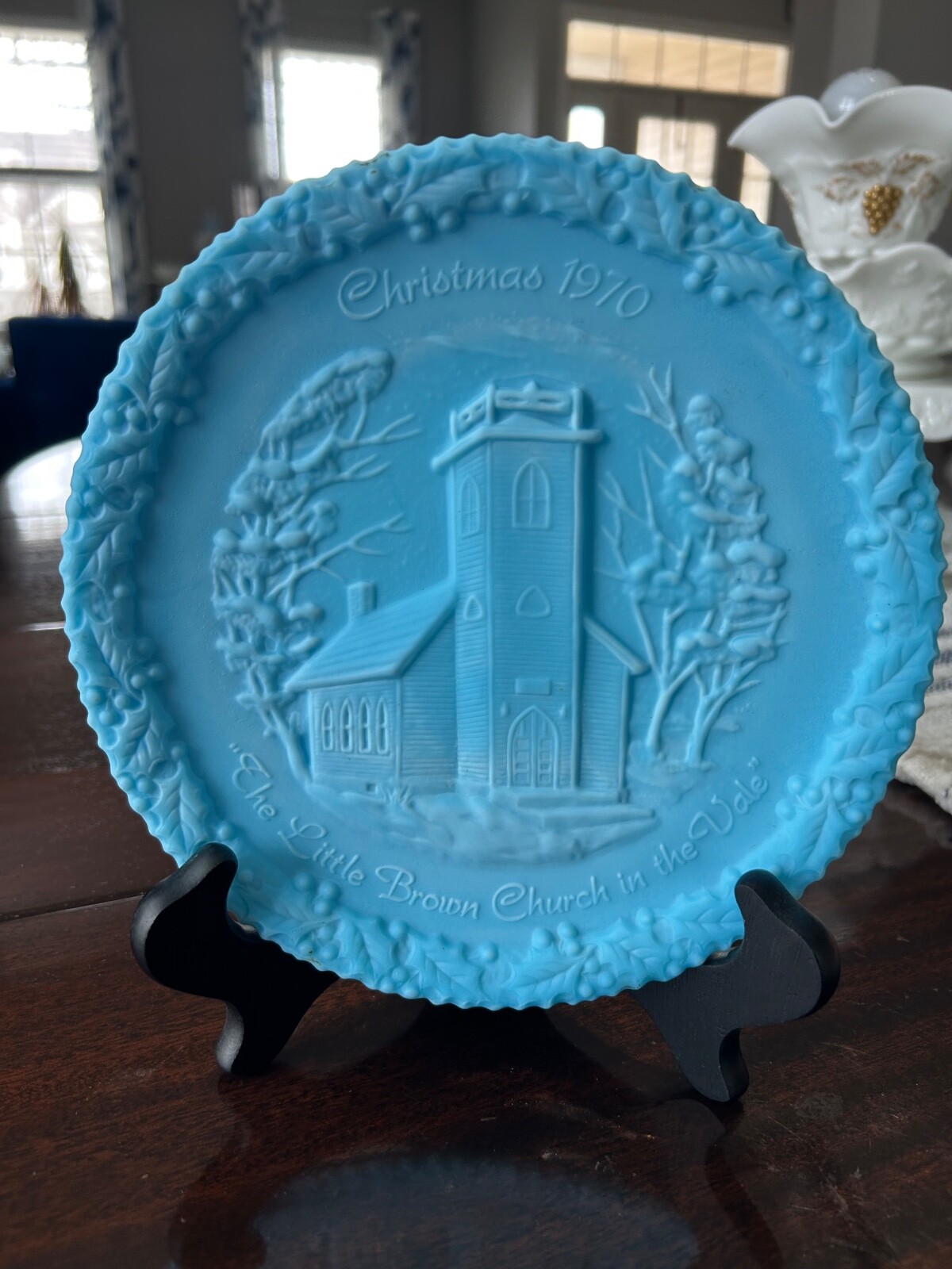 Vintage Fenton 1970 Christmas in America Little Brown Church Blue Satin Glass