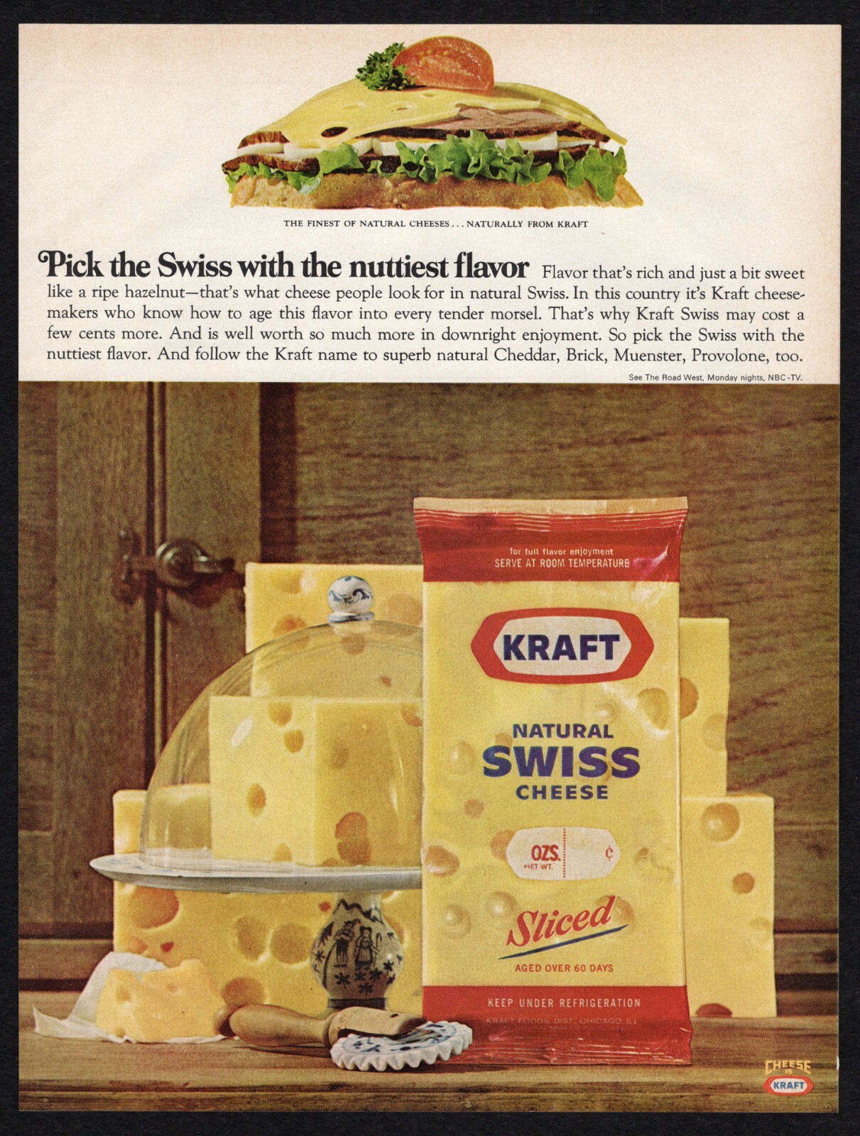 1967 Kraft Natural Swiss Cheese Sliced Aged 60 Days Nuttiest Flavor Print Ad Vtg