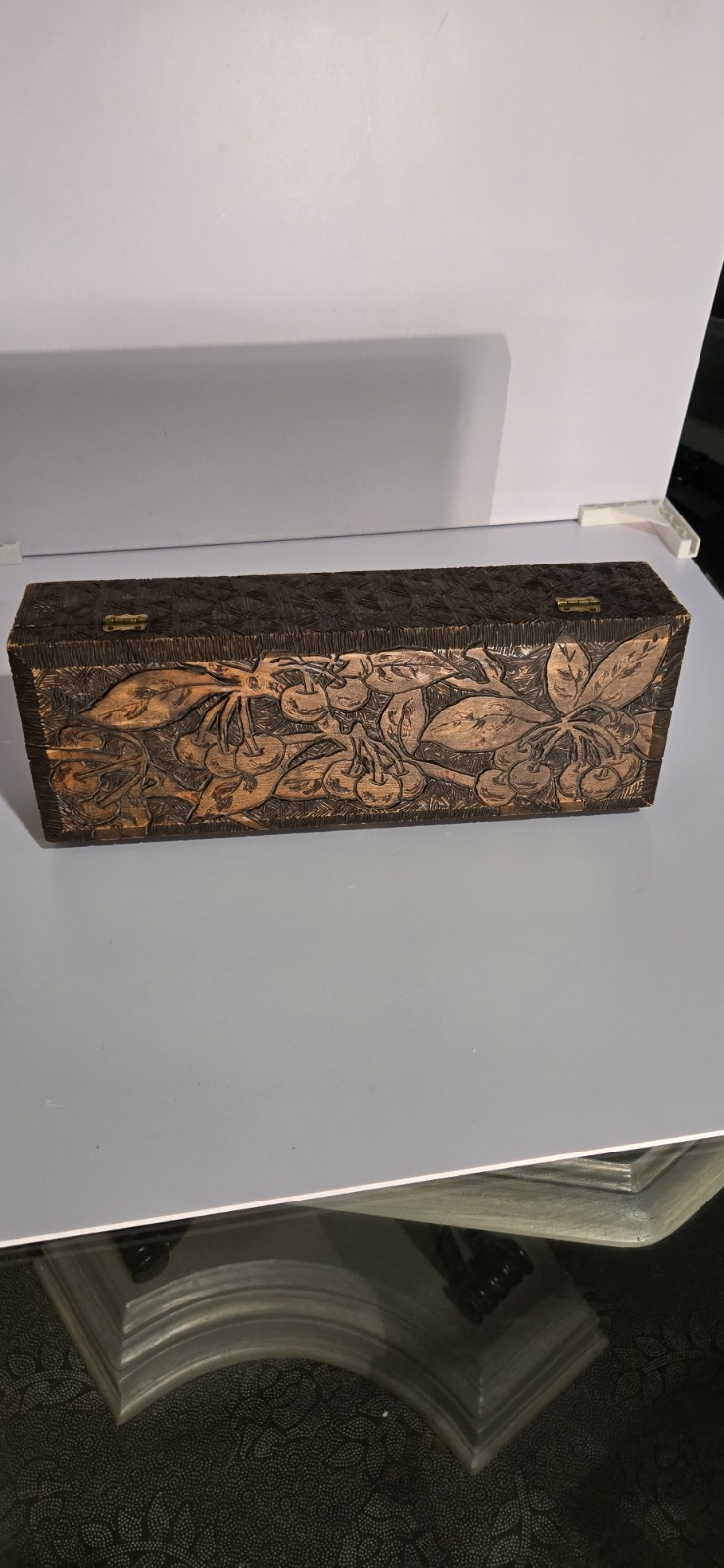 Antique Pyrography Flemish Art Nouveau Dresser Glove Trinket Box Brass Hinges