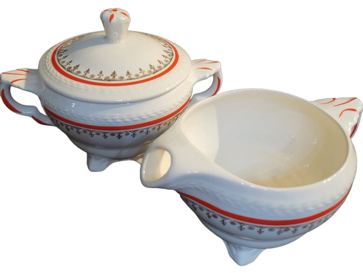 Crown Potteries Co USA Made Creamer Lidded Sugar Set Cream Red Gold c1800-1950