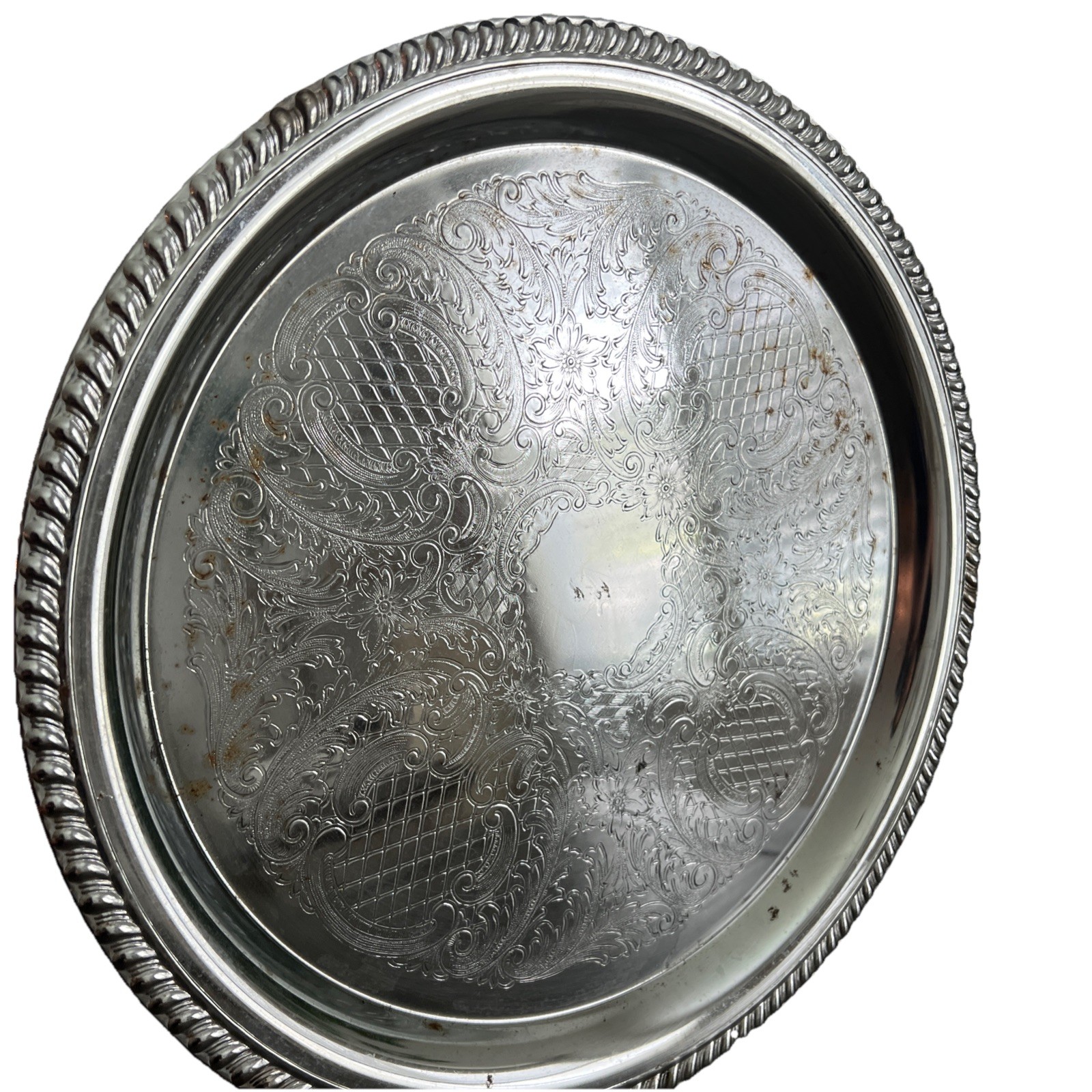 Vintage 14” Round Chrome Serving Tray Engraved Floral Scroll Pattern Rope Edge