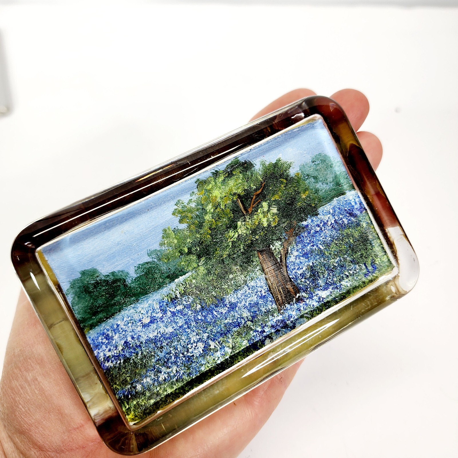 REVERSE PAINTED Wildflower Feild Landscape Flat Glass Paper Weight 1989 Signed
