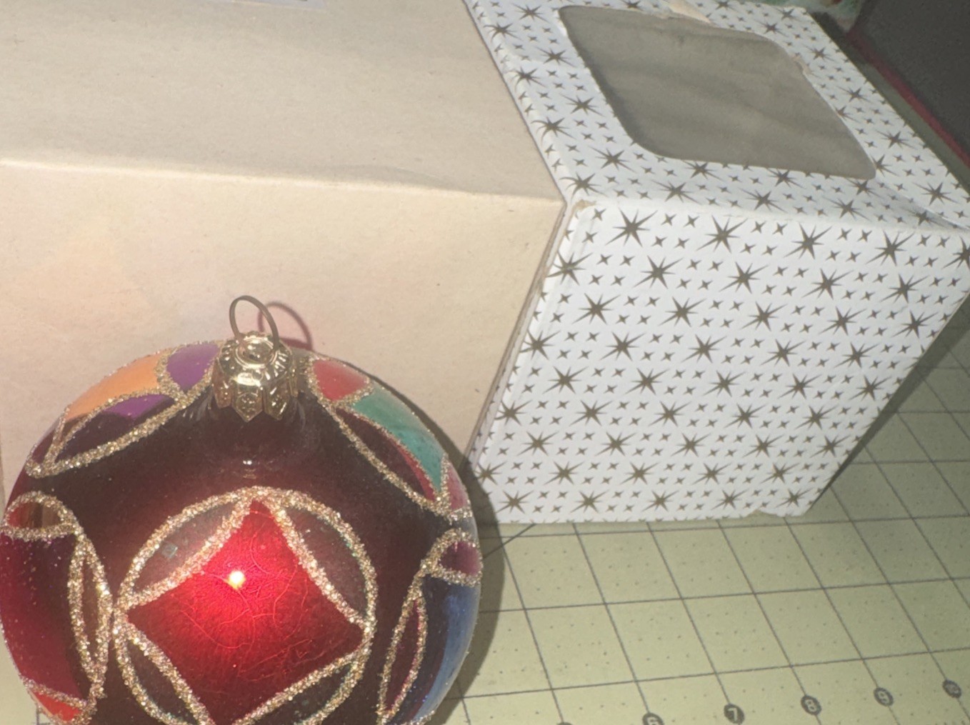 Radko ? Black Red Circles & Squares Multicolored Glass Ball Ornaments Poland X6