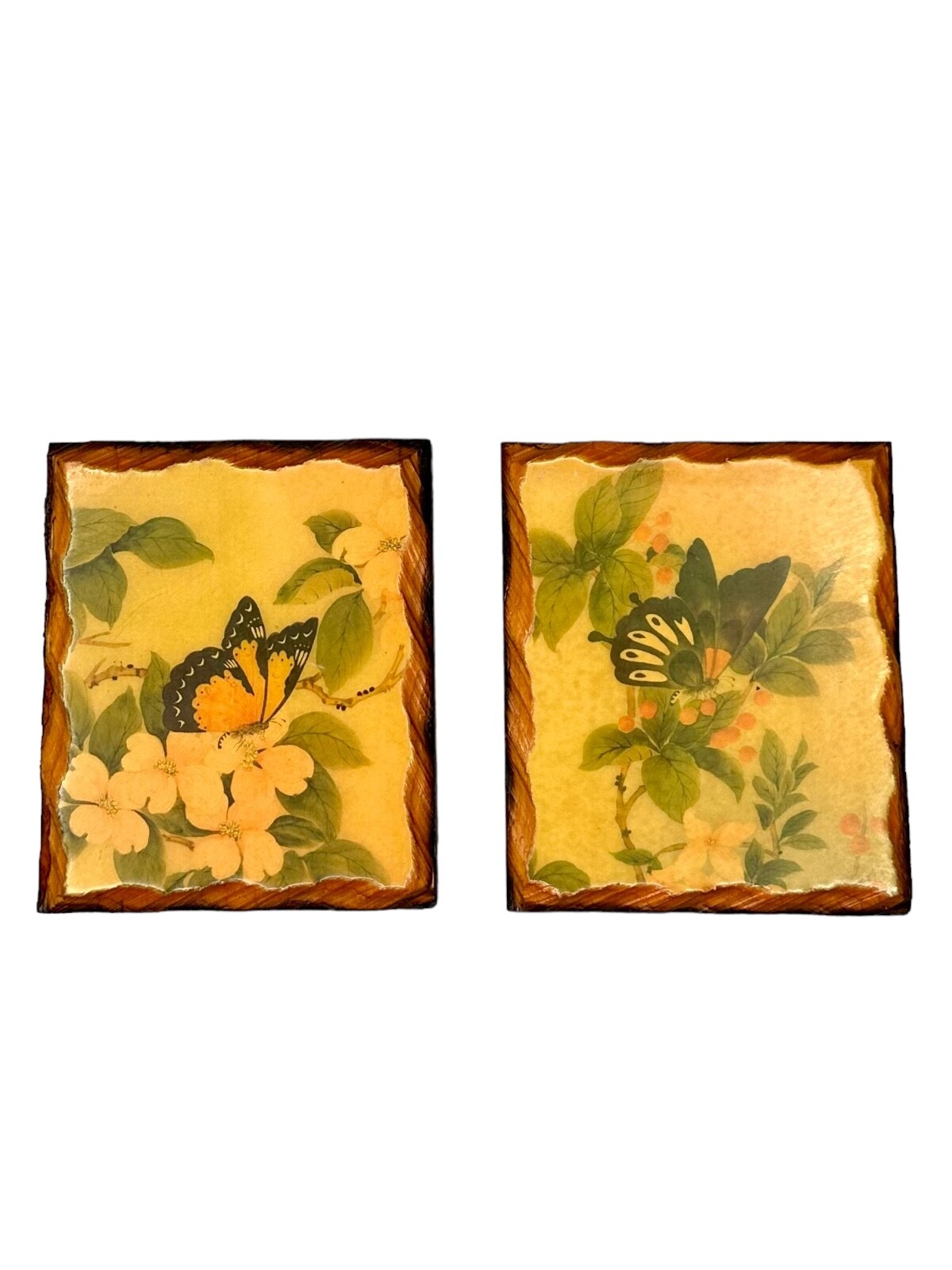 Vintage Kitsch Butterfly Lacquered Wood Wall Plaques 4 Inch Lot of 2 Miniature
