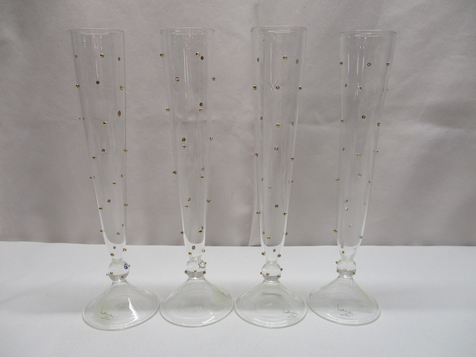 GEORGES MATHIEU CHAMPAGNE FLUTES w RAISED GOLD DOTS ~ SIGNED RARE! ~ 10 5/8″