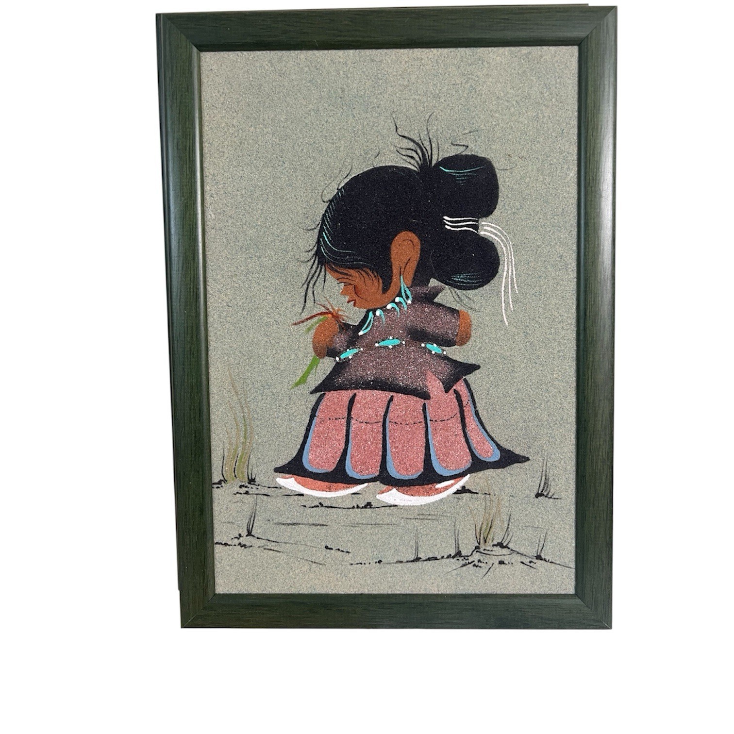 VINTAGE Sand Art Navajo Girl in Frame – Sand Painting – 3D Style Layer Textured
