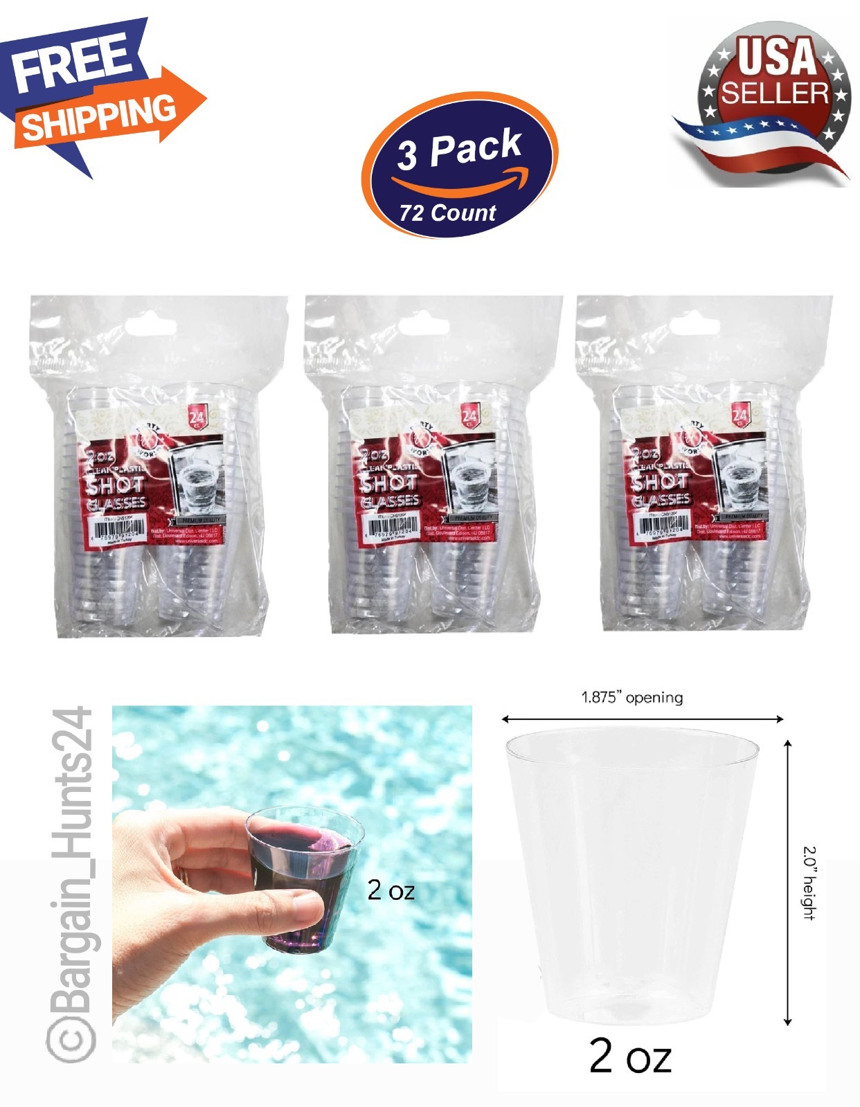 72Ct. Shot Cups 2oz Disposable Clear Plastic Glass Bomber Shooter Wine (Pk of 3)