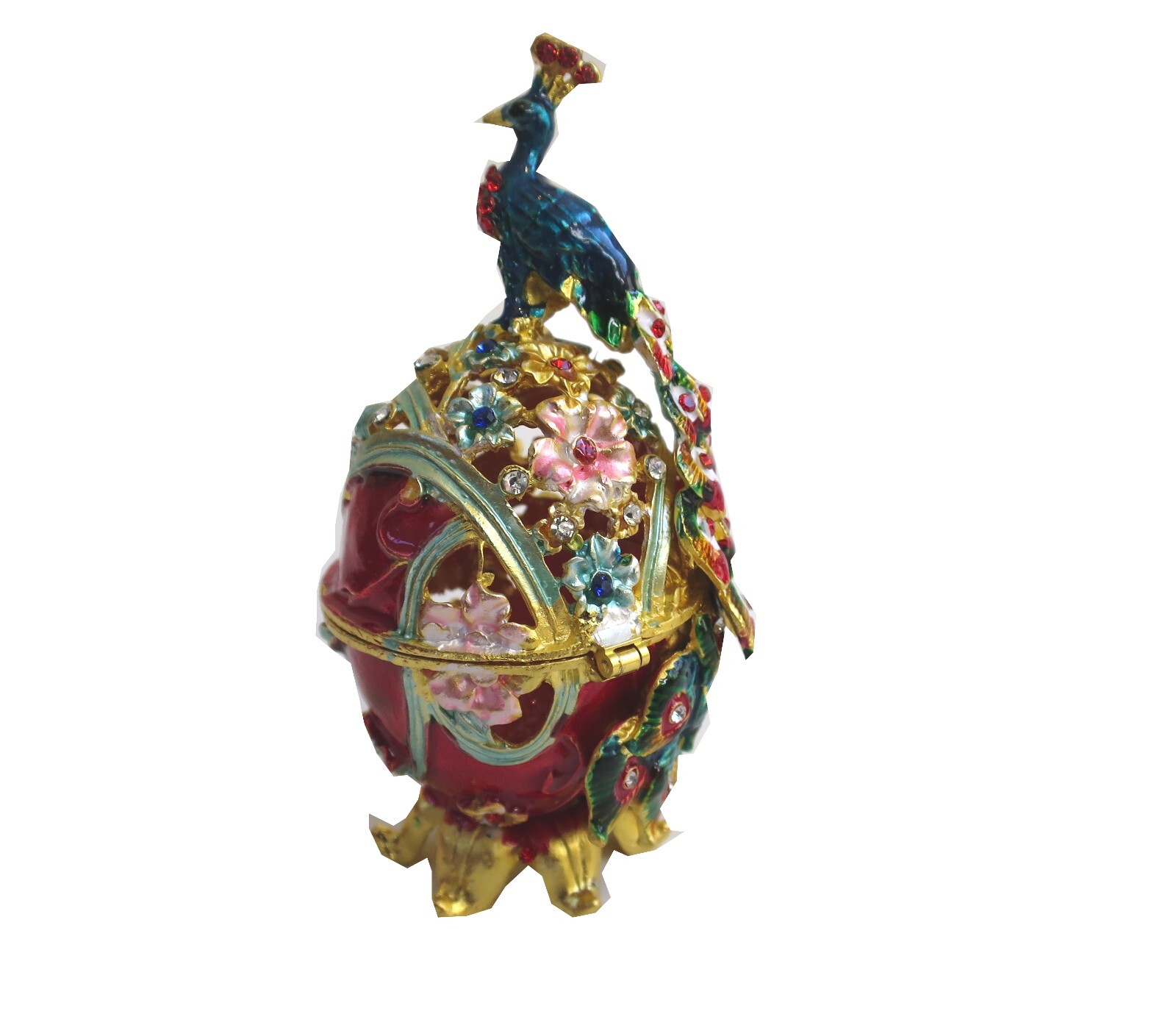 Bejeweled ” Peacock on Faberge Egg ” Hinged Metal Enamel trinket Box