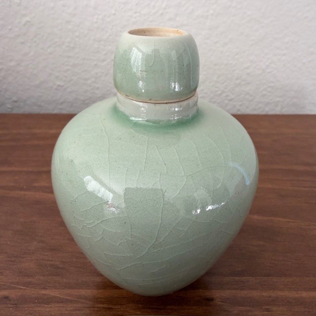 Thai Celadon Vase Bottle w Lid Green Crackle Finish Signed by Duangkamol