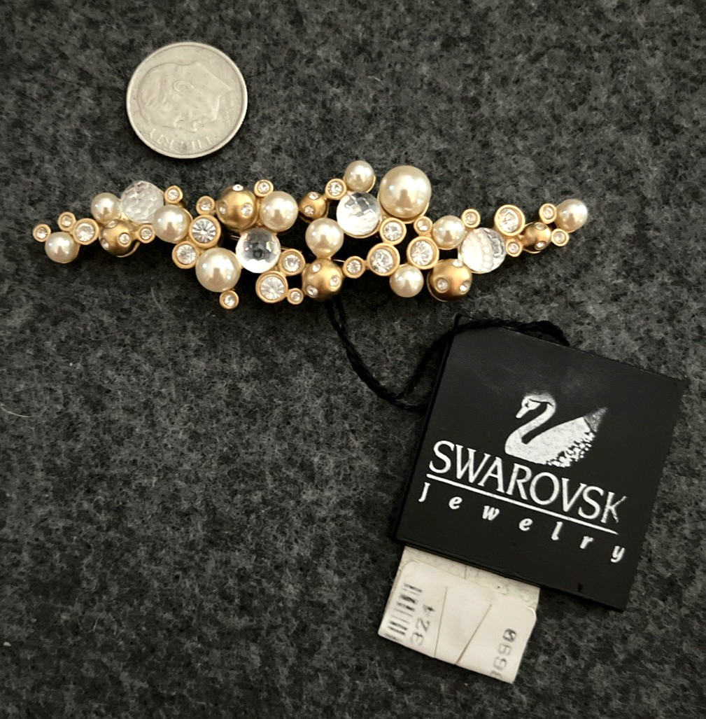 SWAROVSKI Pave Crystal Swan Signed Faceted Ball Faux Pearl Bubble Pin Brooch NWT