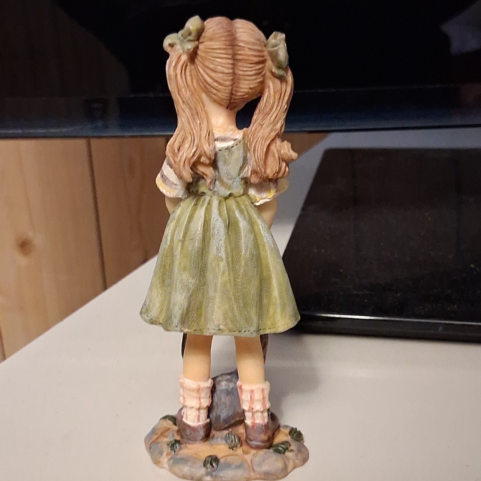 Hand Painted Girl Figurine Green Dress Resin Traditional Matte Sculpture