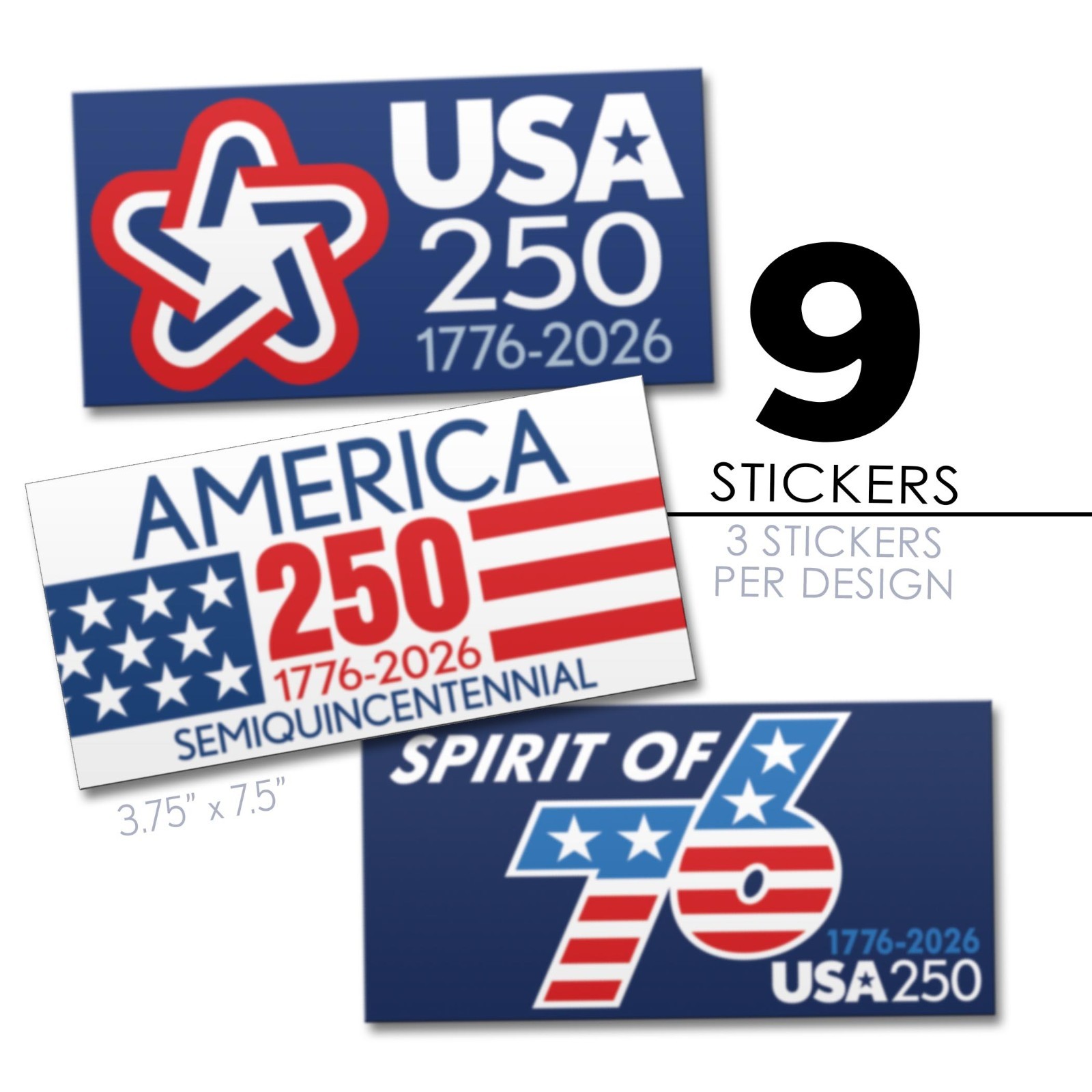 USA Bumper Stickers – 3 Designs – America, Semiquincentennial, 250 Freedom
