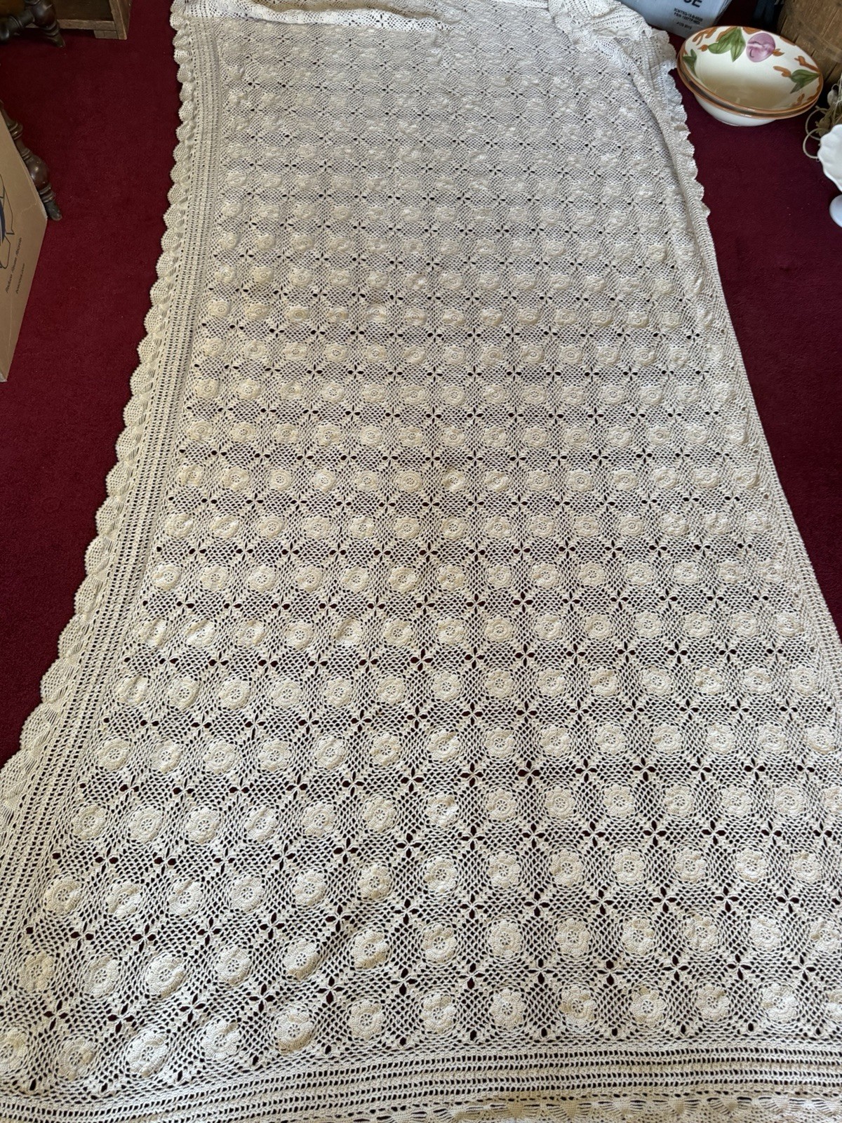 Vintage Rectangular Hand Crocheted Table Cloth 94” By 53”