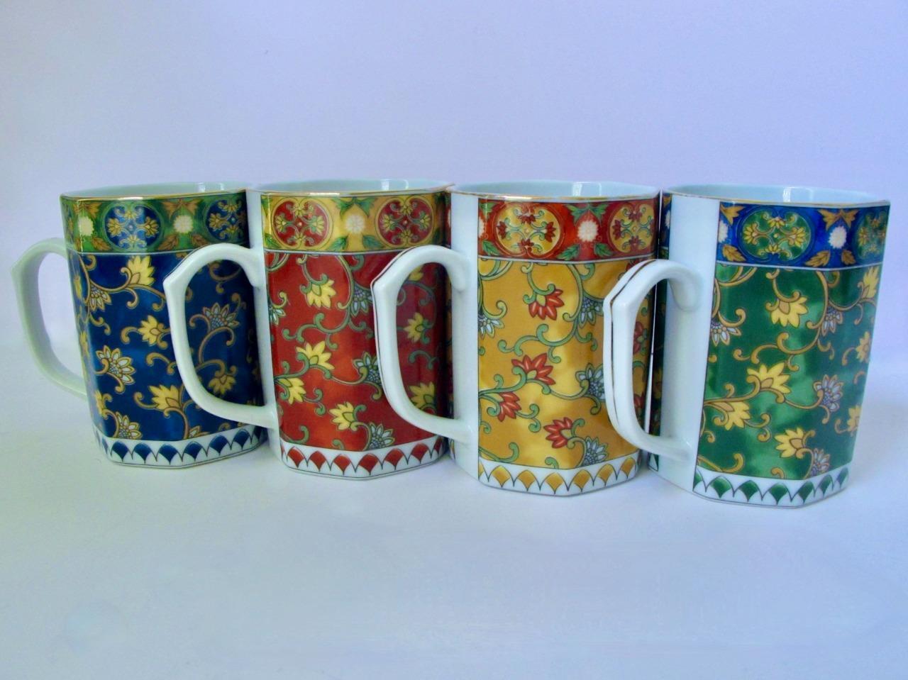 Set/4 Arabesque Coffee Tea Mugs Octagonal Red Green Yellow Blue Oriental Floral