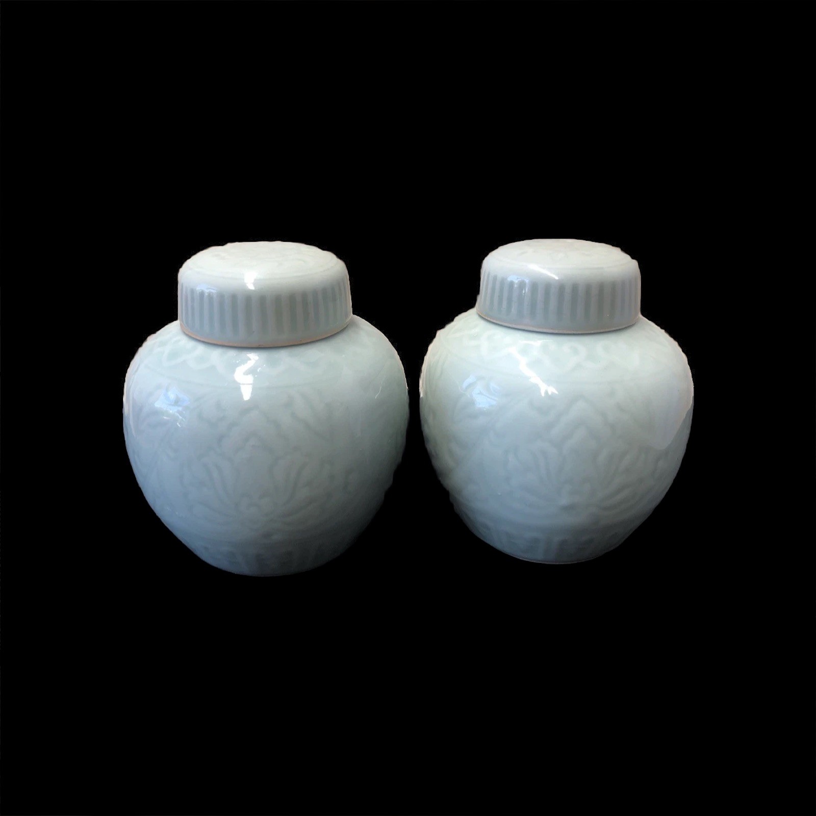 Pair Chinese Celadon Lidded Ceramic Ginger Jar Vase Green Decorative Pattern 6″