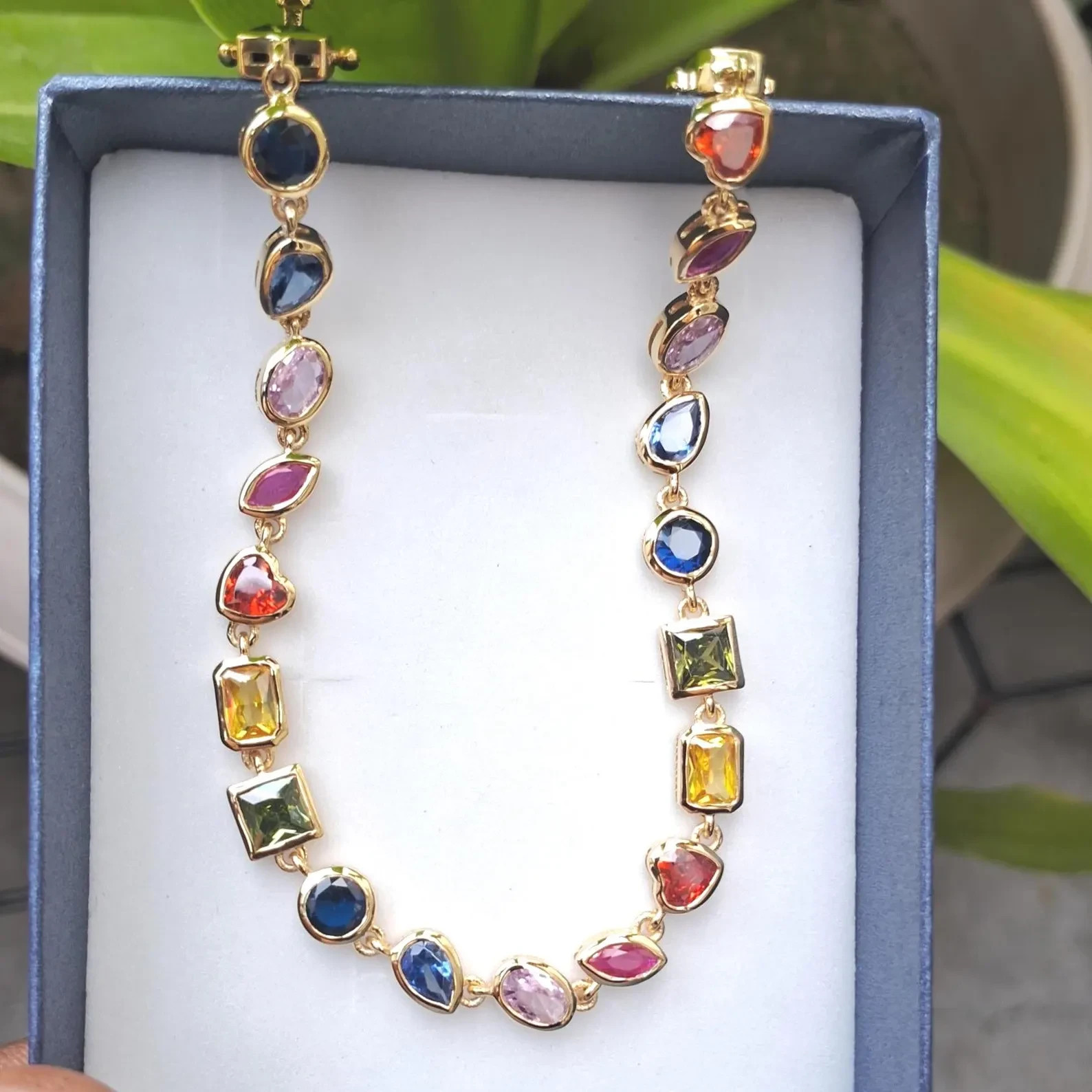 Rainbow Multi-Cut Multi-Color Gemstone Tennis Necklace 18K Yellow Gold Over 16″