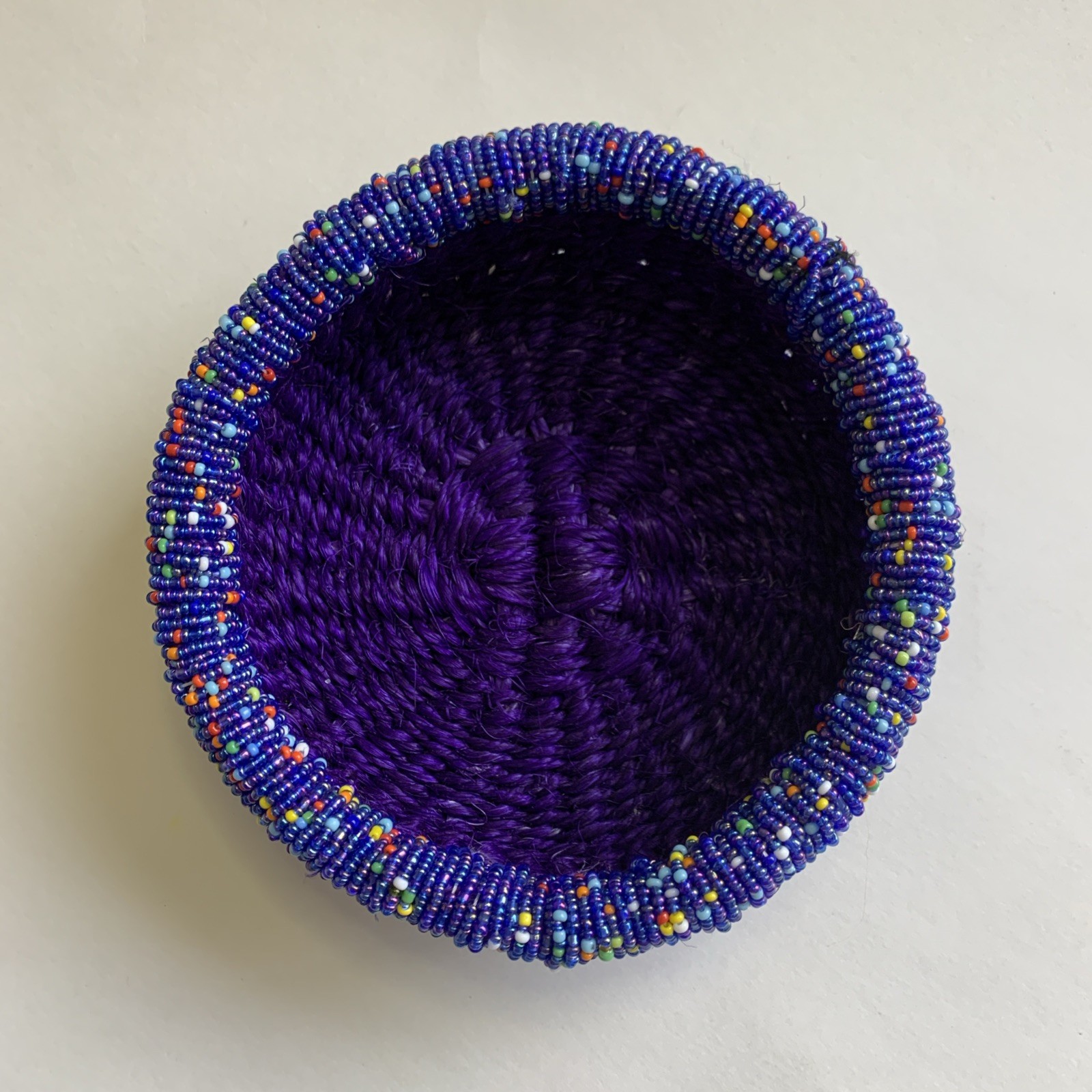 African Handcrafted Beaded Basket In Deep Purple Sisal and Bright Beads 6”