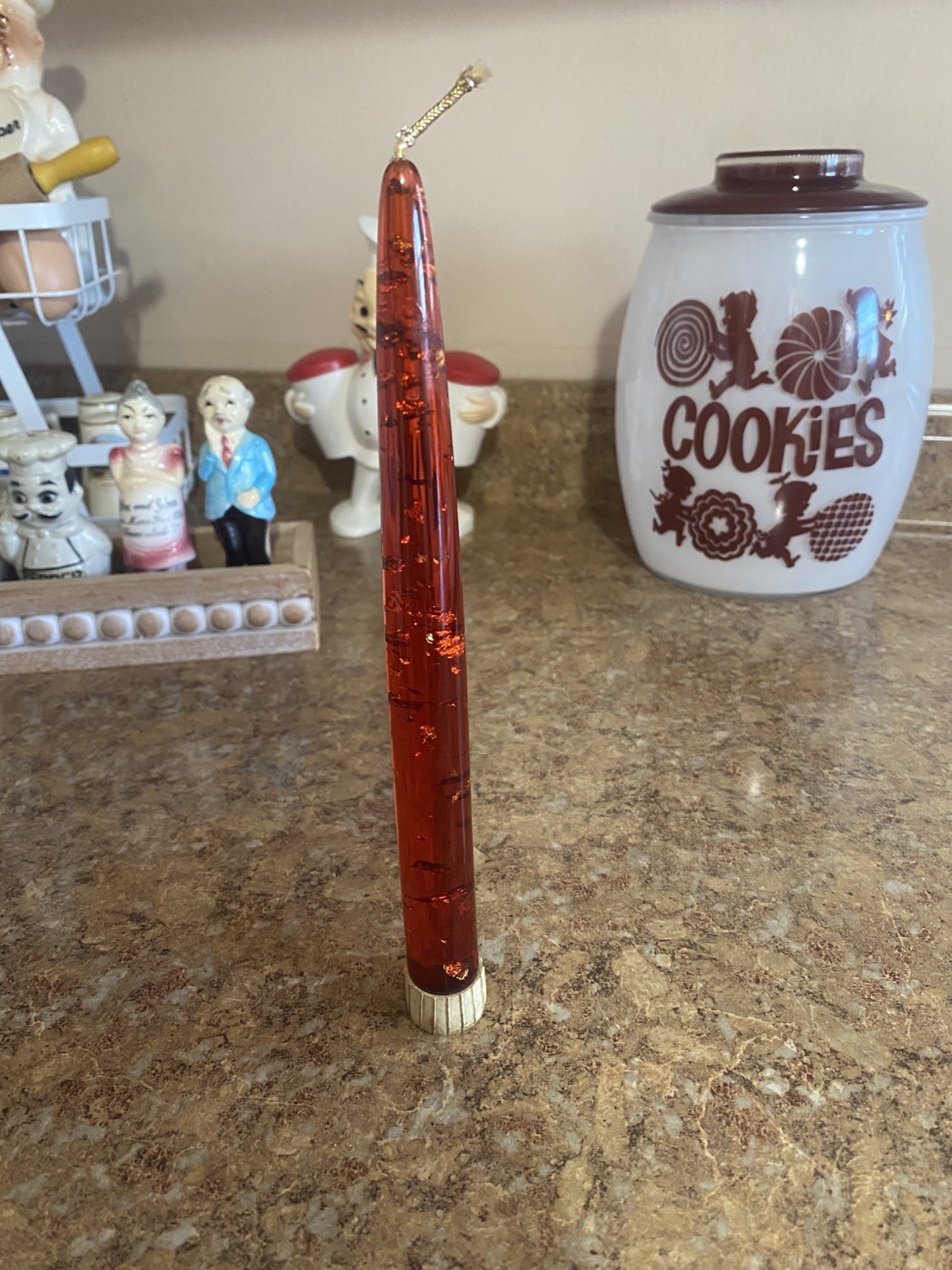 (1) Vintage 1960s Red Lucite Taper Candle 8″ MCM Metallic Flake Decor