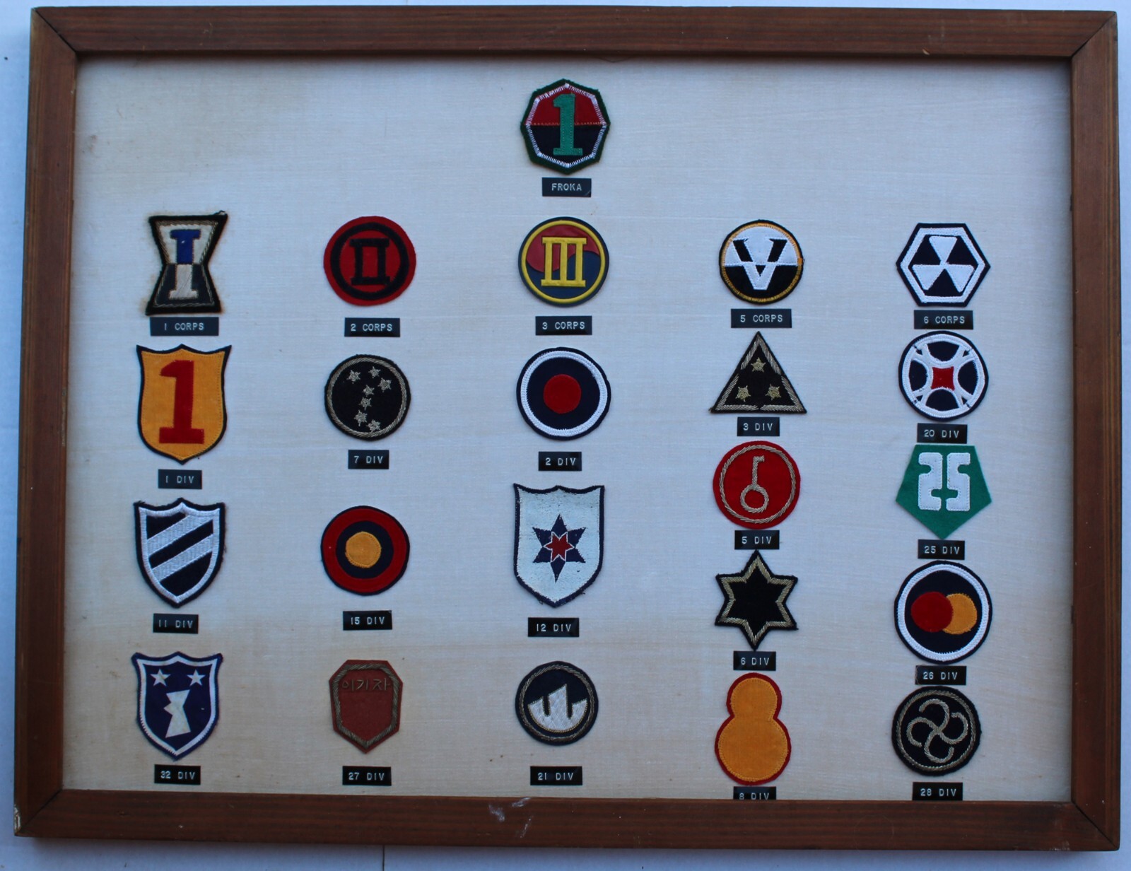 23 REPUBLIC OF KOREA (ROK) DIVISION PATCHES MOUNTED IN A FRAME