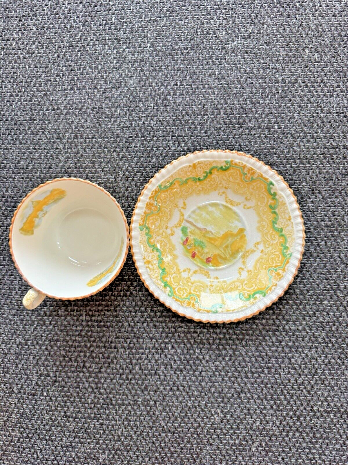 Antique Copeland Spode Continental Views Yellow & Green Teacup & Saucer