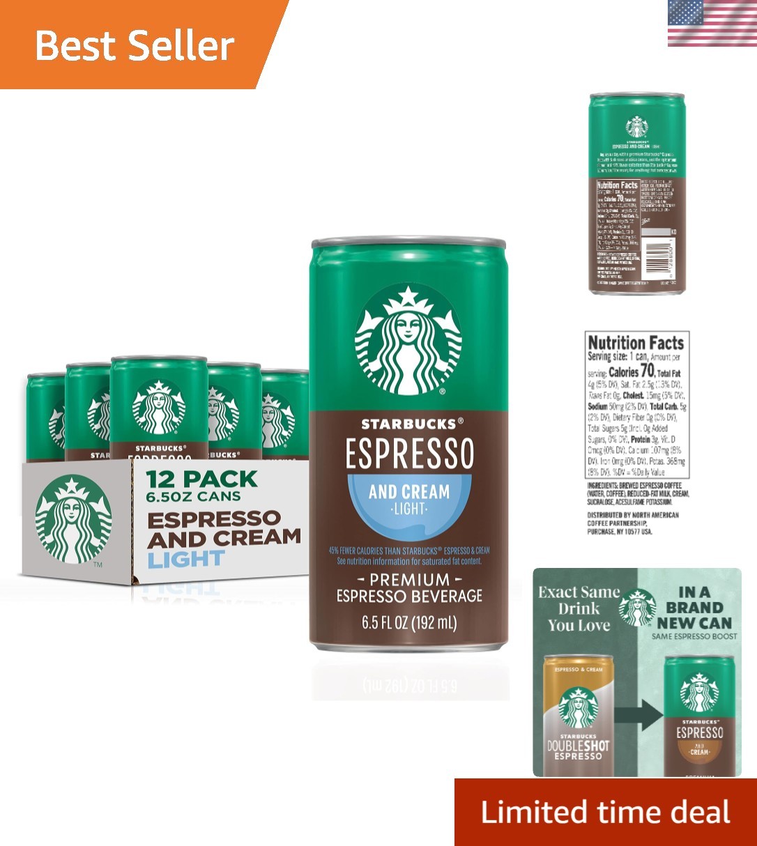 Ready-to-Drink Espresso Coffee – Light Cream, 6.5 Fl Oz (12 Cans) Coffee Blend