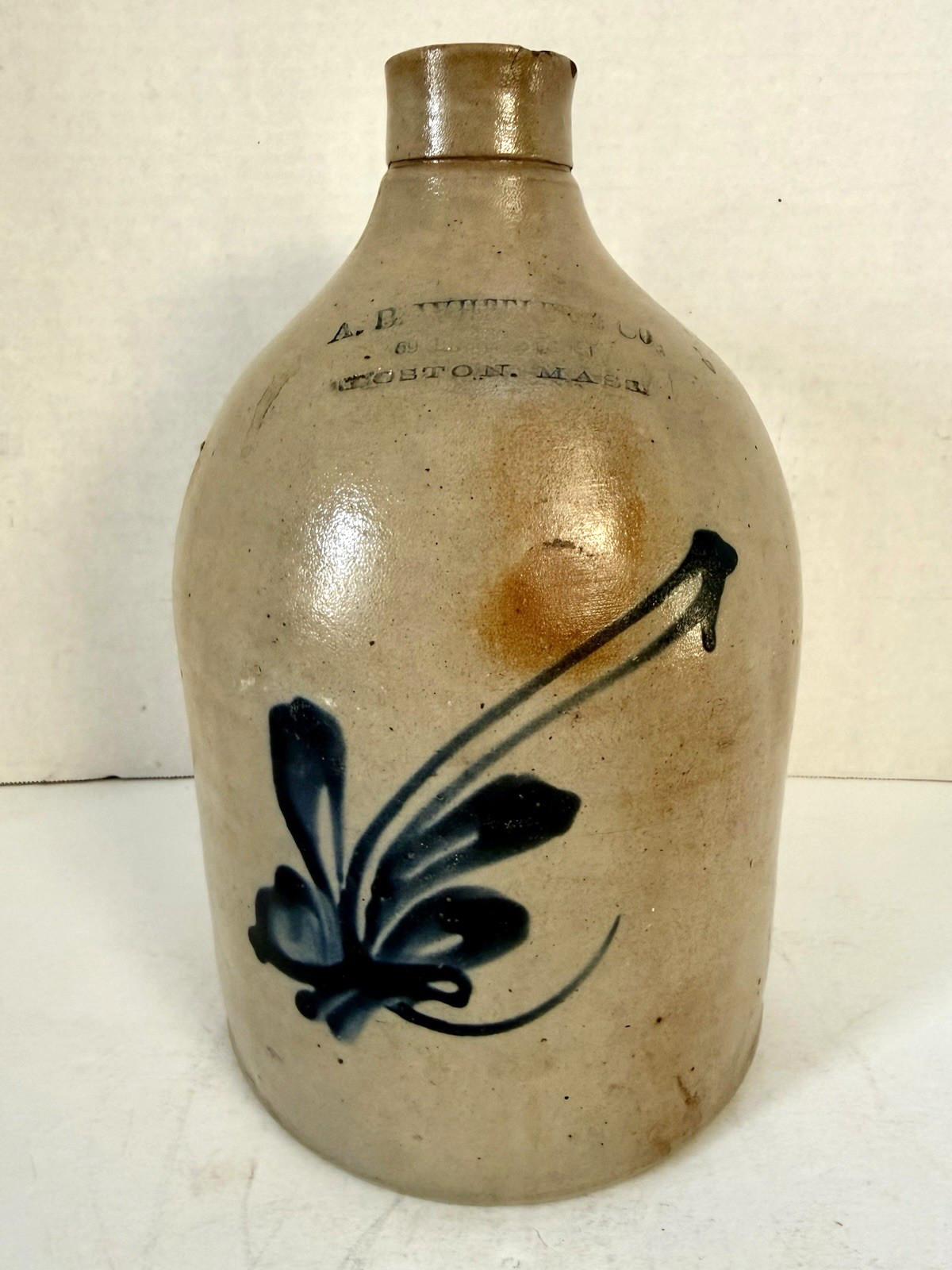 Vint. Stoneware Pottery AB Wheeler & Co., 1 gal. Jug/Crock Cobalt Floral Design