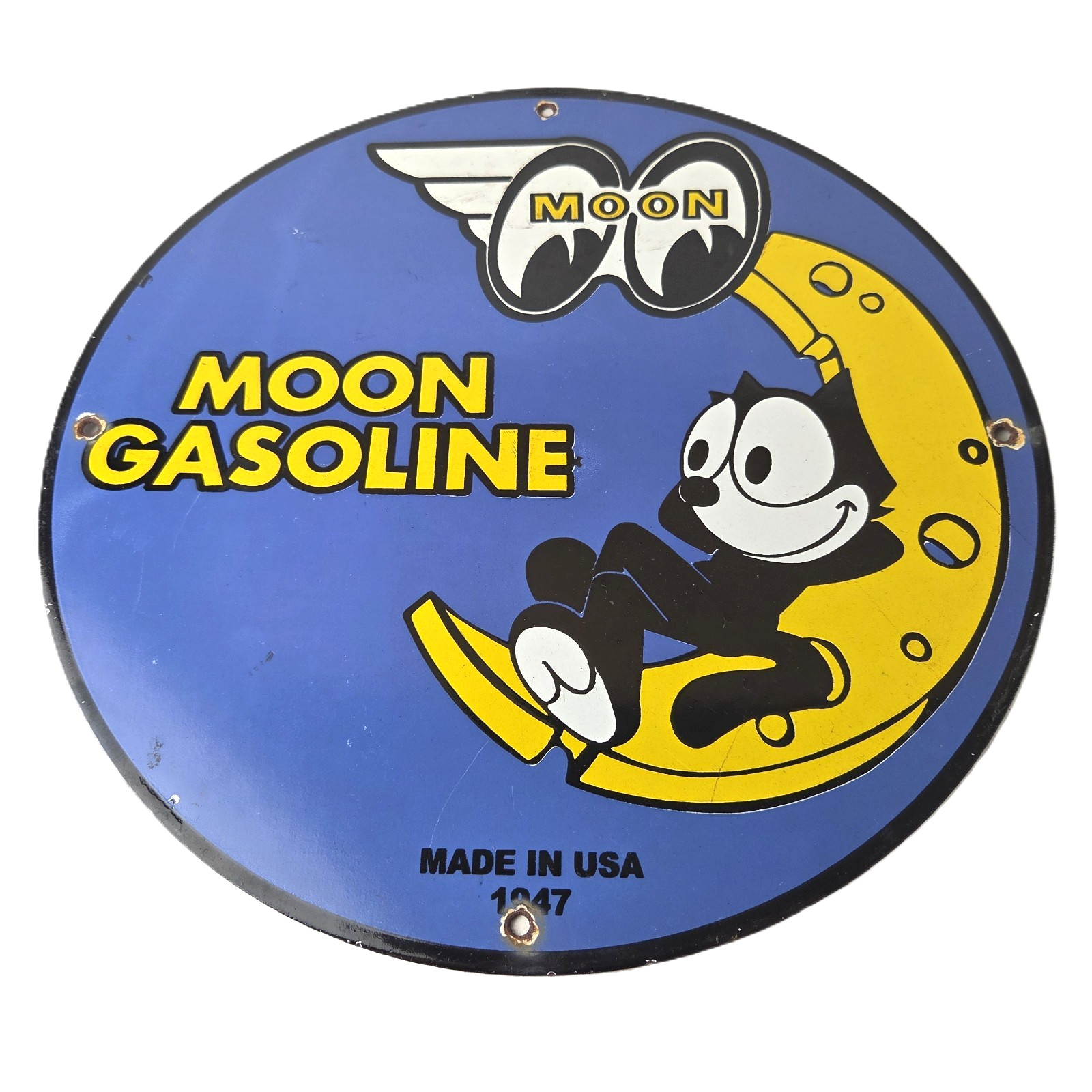 Vintage Moon Eyes Sign – Speed Equipment Felix the Cat Porcelain Gas Pump Sign