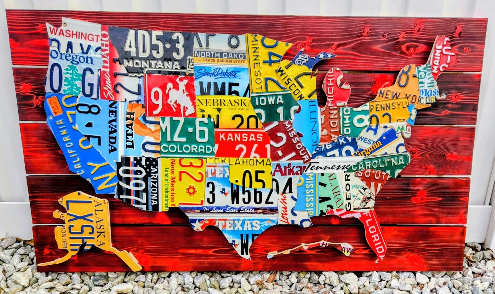 3D-USA LICENSE PLATE MAP ART WITH SHOU SUGI BAN (YAKISUGI) WOOD -METAL WALL ART