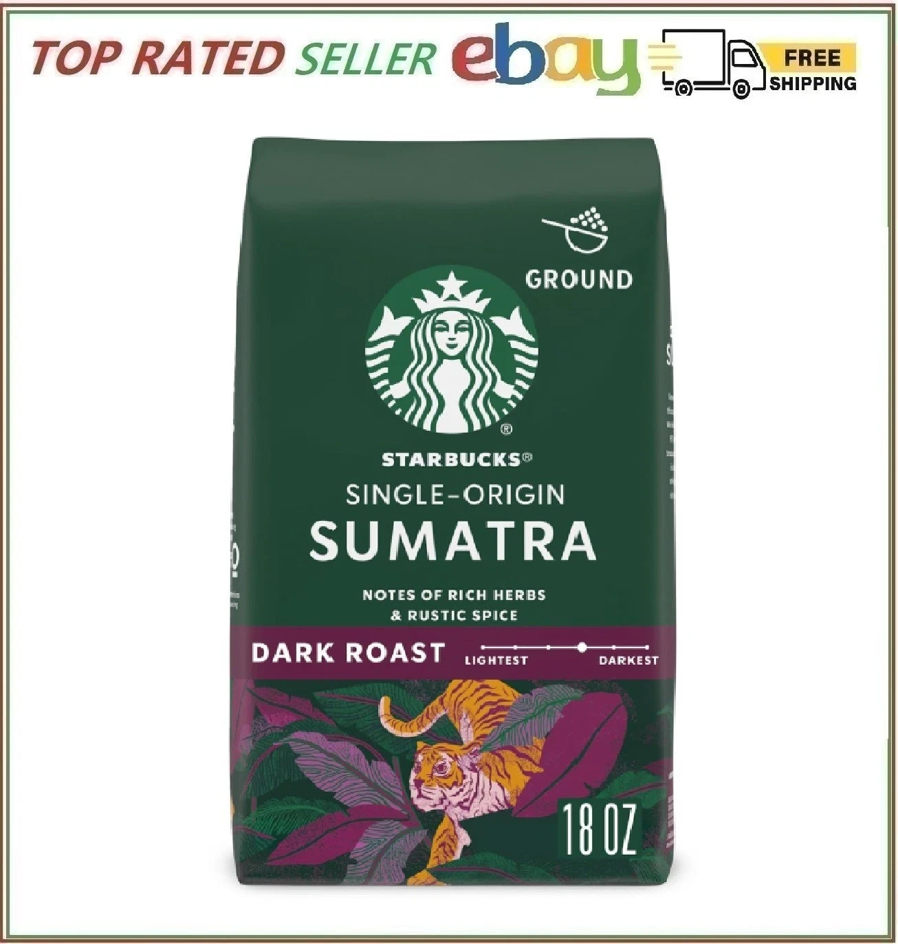 Ground Coffee, Dark Roast Coffee, Sumatra, 100% Arabica, 1 bag (18 oz)