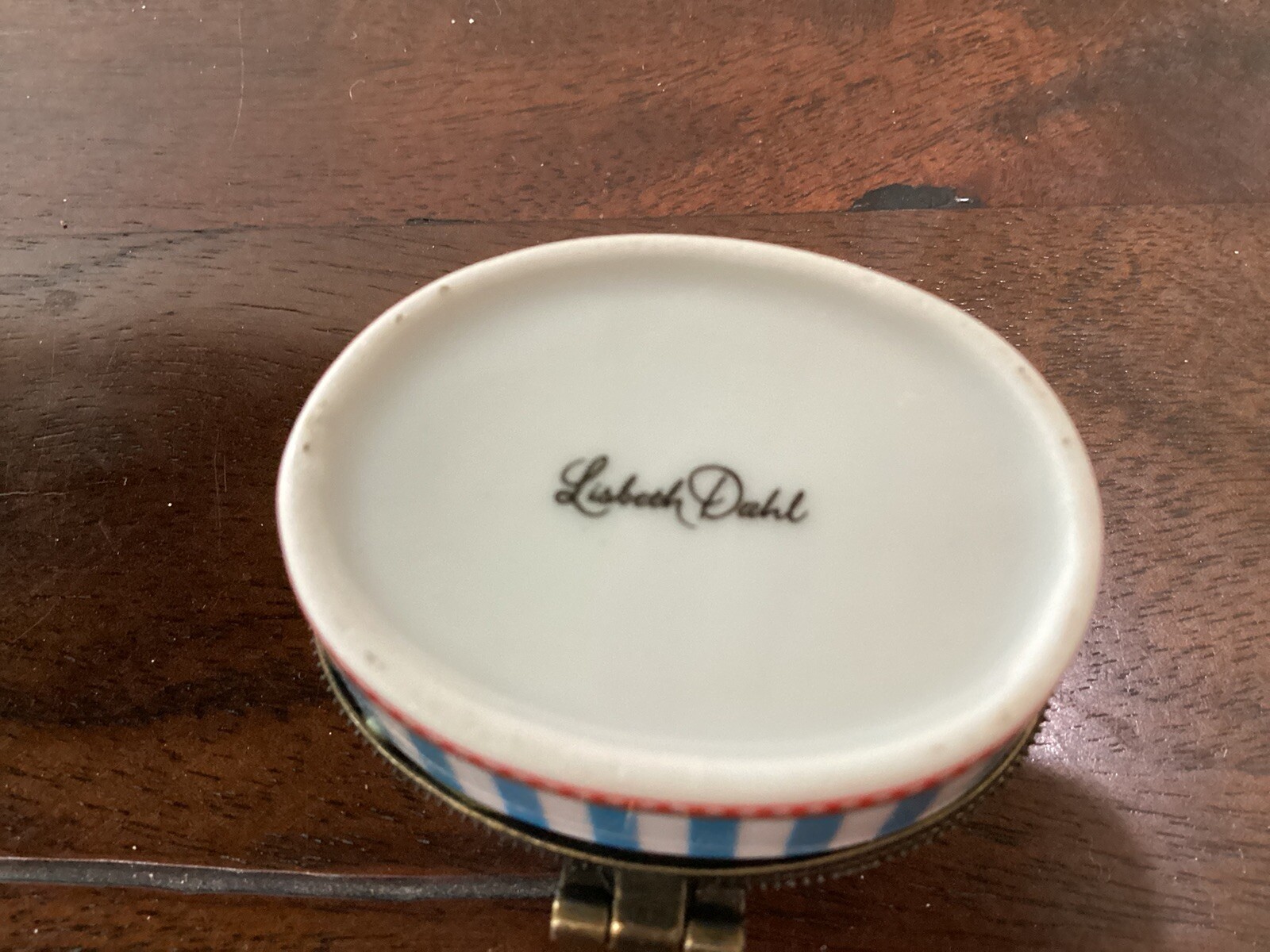 Lisbeth Dahl Trinket Ring Box Dots Strips Blue Red gold Trim