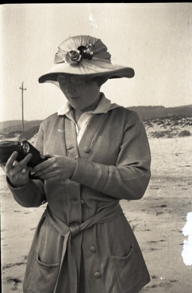 a24 Negative 1930’s Woman Photographer on Beach w/ Camera 901a