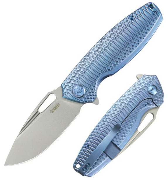Kubey Tityus Folding Knife 3.39″ 14C28N Steel Blade Blue 6AL4V Titanium Handle