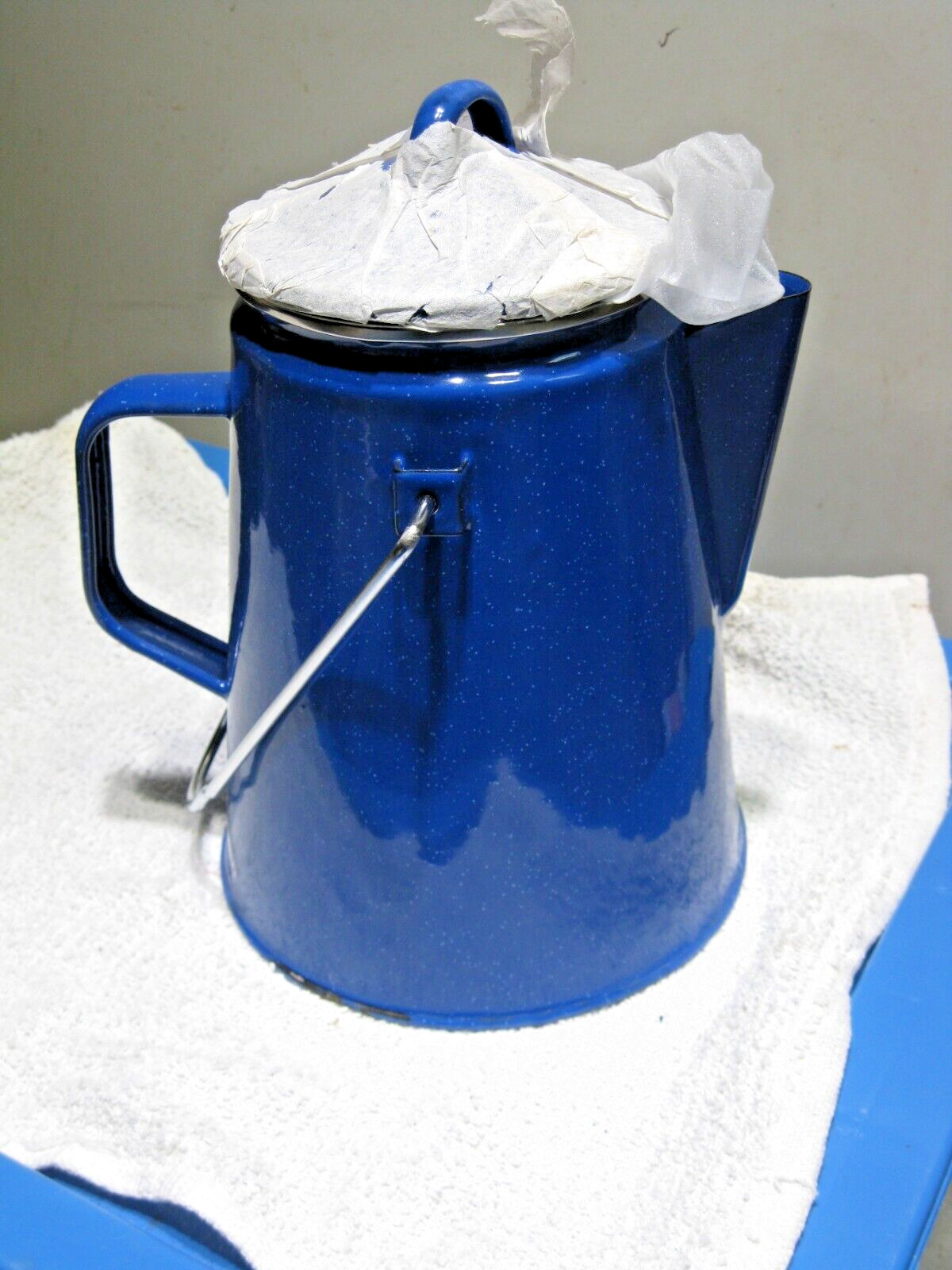 Blue Speckled Enamelware Camping Percolator Coffee Pot