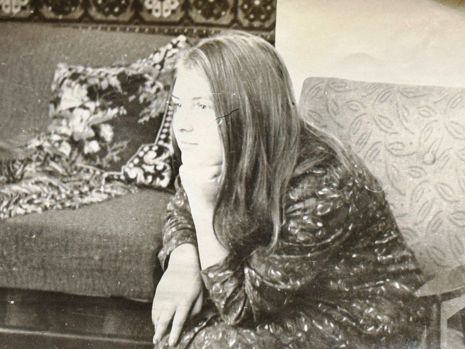 1970s Young Woman Long Hair Portrait Soviet Vtg Snapshot Photo B&W Original
