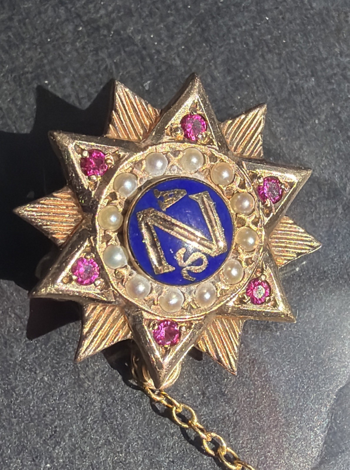 Vintage Alpha Zeta Omega Sorority Pin 10K Gold Pink Diamond And Seed Pearls