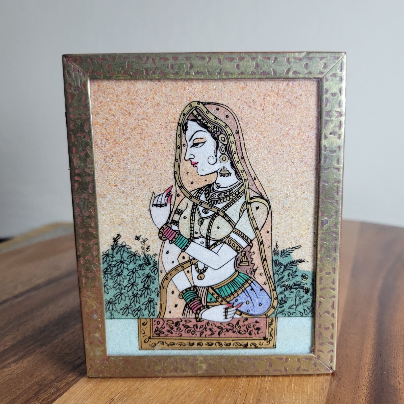 Wood Hinged Jewelry Box with Brass Inlay and Painting of Female
