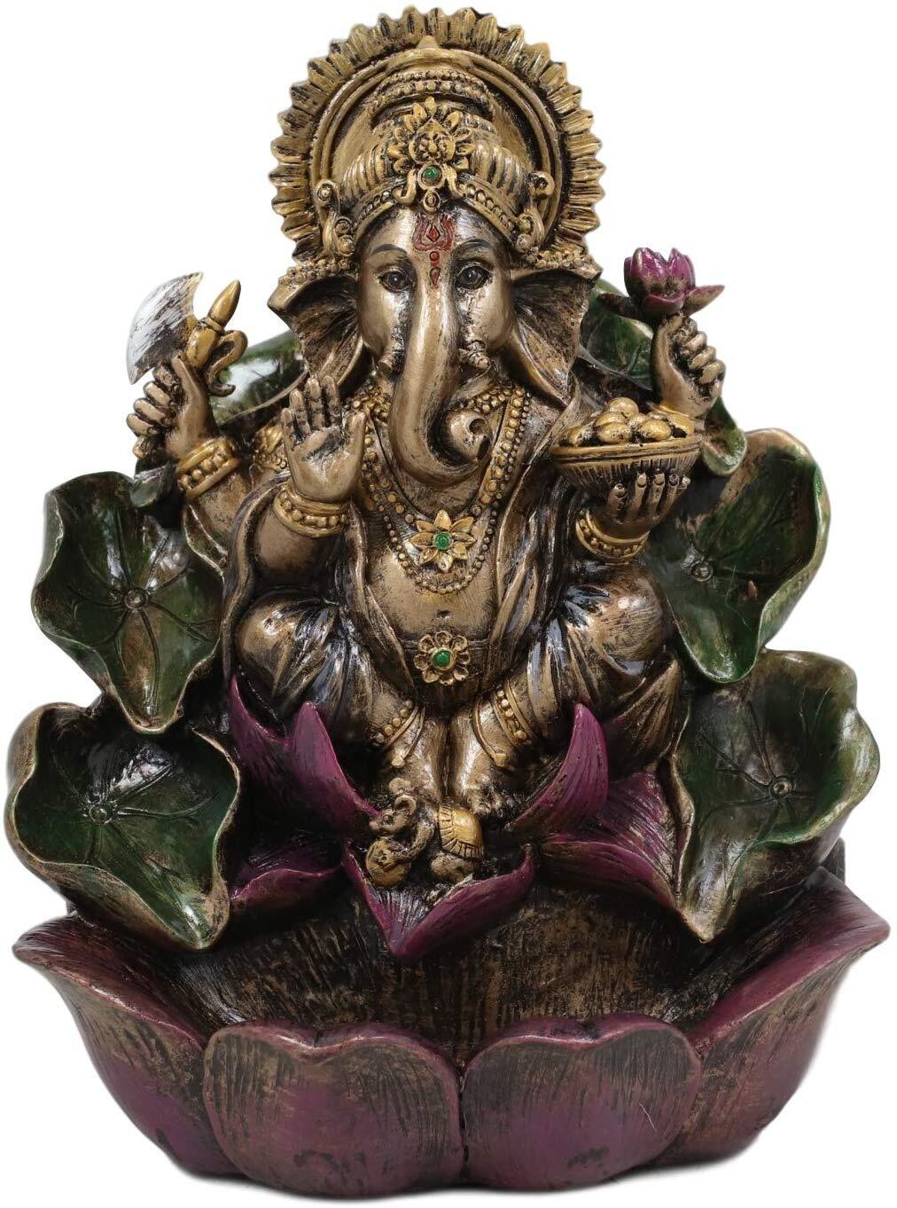 Ebros Hindu Lord Ganesha On Lotus Backflow Cone Incense Burner Statue 6″ Tall