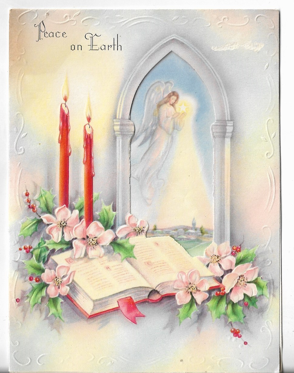Vtg CHRISTMAS CARD 4.5×6 Glowing Angel in the Arch Candles & Xmas Roses