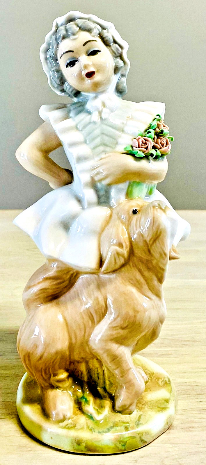 Tengra BLOOMER GIRL With Puppy And Hand Applied Roses Lladro Style RARE 1972