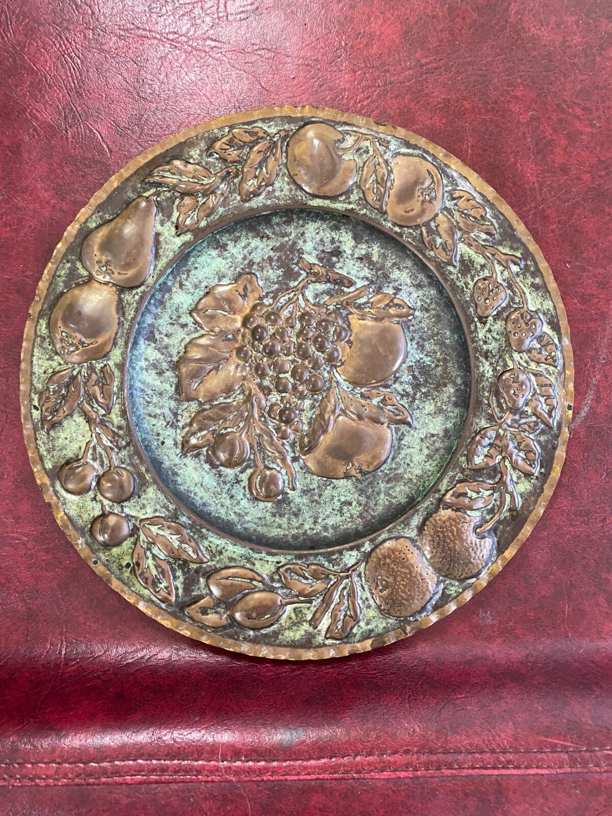 Vintage Brass Plate Decor Turquoise Fruit Embossed Italy Farmhouse Rustic