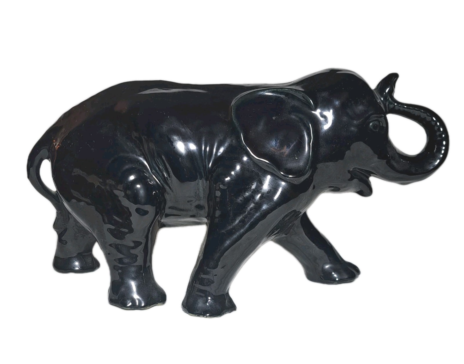 13 Inch Elephant Figurine Statue Glazed Ceramic Black W/ Blue Tint Trunk Up
