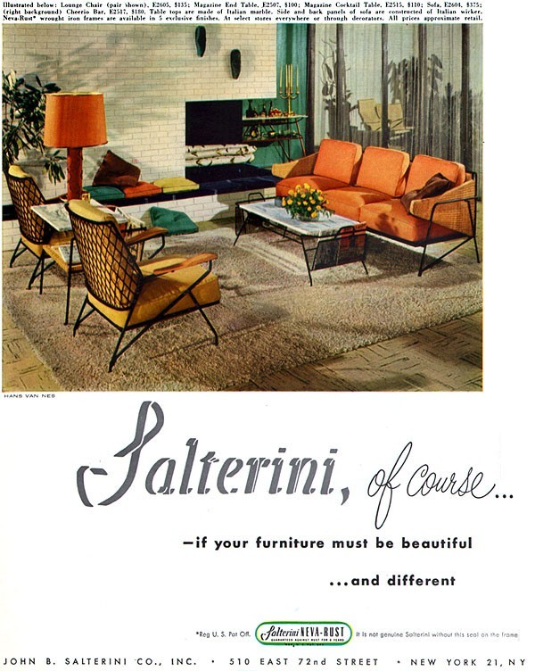 MCM Salterini Furniture MAGAZINE TABLES Lounge Chairs CHEERIO BAR 1951 Print Ad