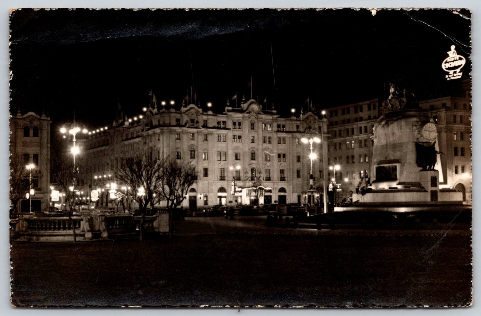 Lima Peru Plaza San Martin Grand Hotel Bolivar 1957 Night View Postcard E140